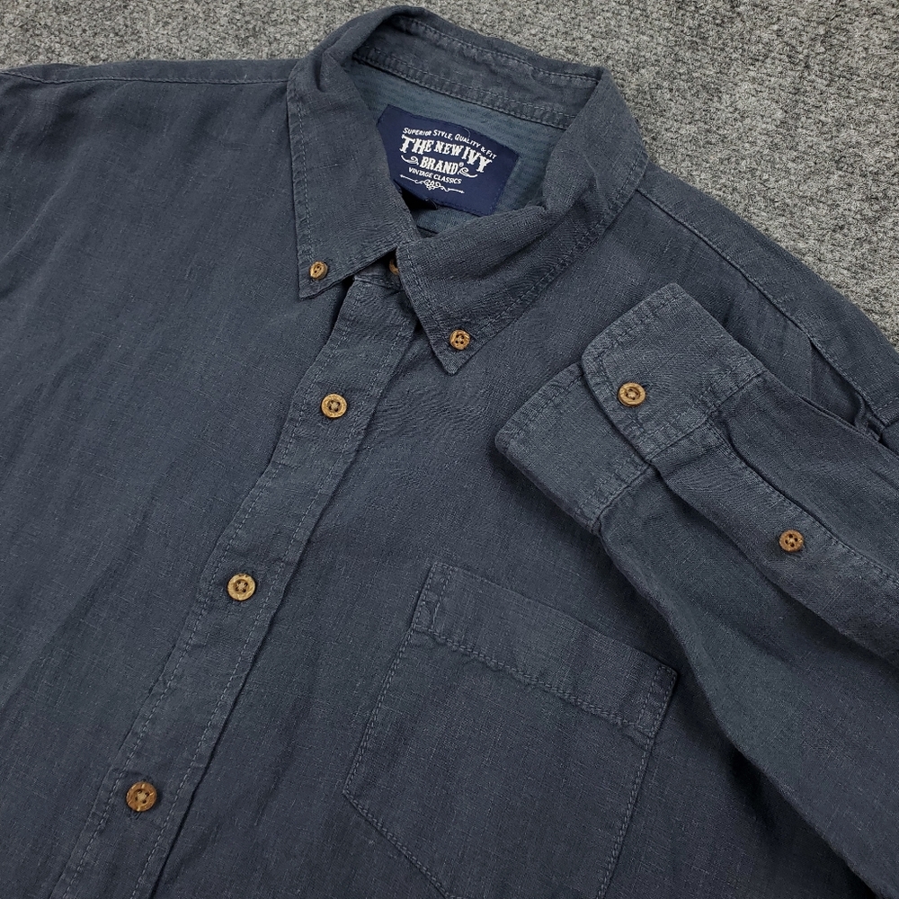 The New Ivy Brand 100% Linen Oxford Dress Shirt 2XL Button Down Navy Flip Cuff